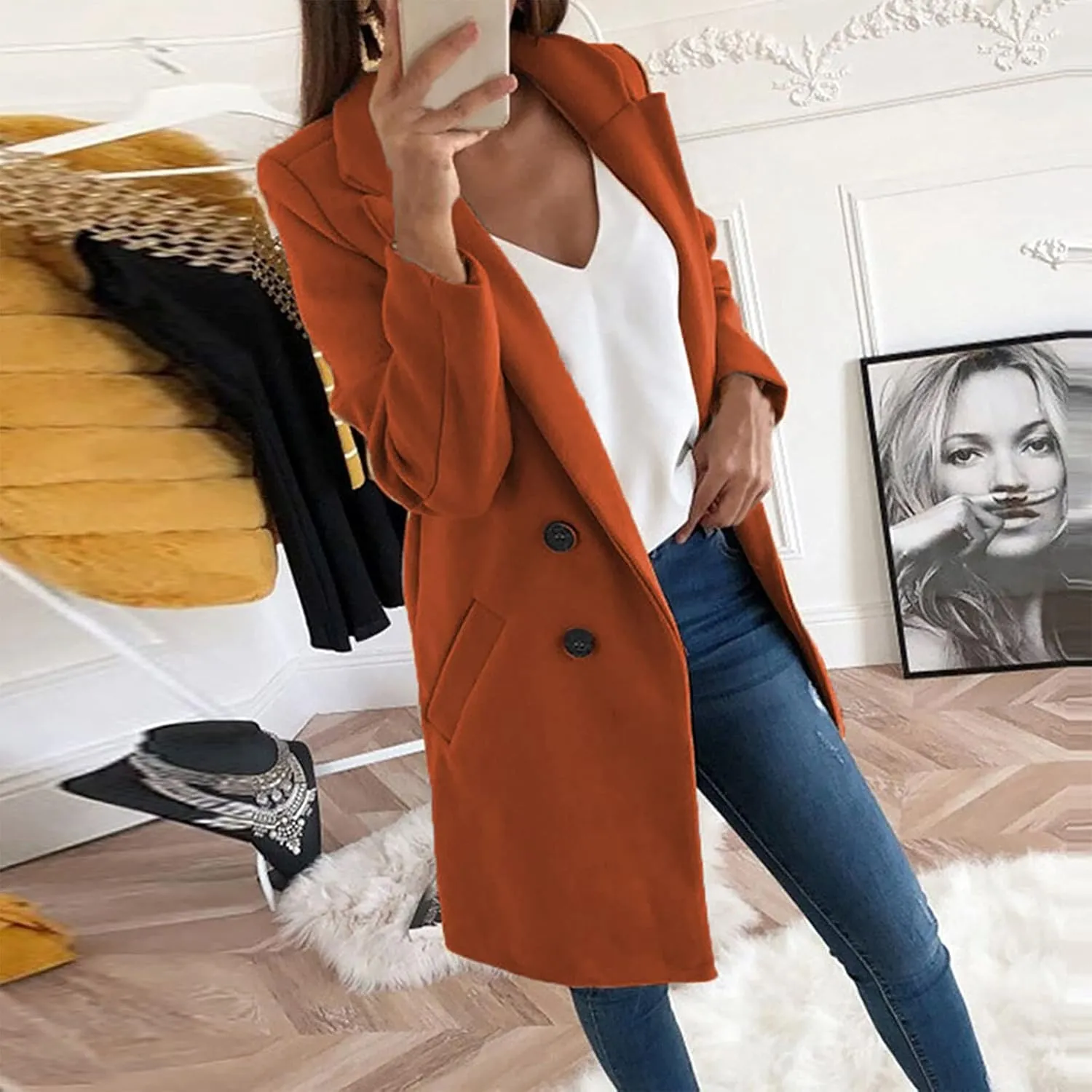 Womens Long Blazers Wool Blend Double Breasted Jackets Fall Winter Basic Warm Outwear Casual Work Office Lapel Coats