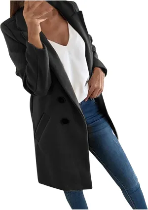Womens Long Blazers Wool Blend Double Breasted Jackets Fall Winter Basic Warm Outwear Casual Work Office Lapel Coats