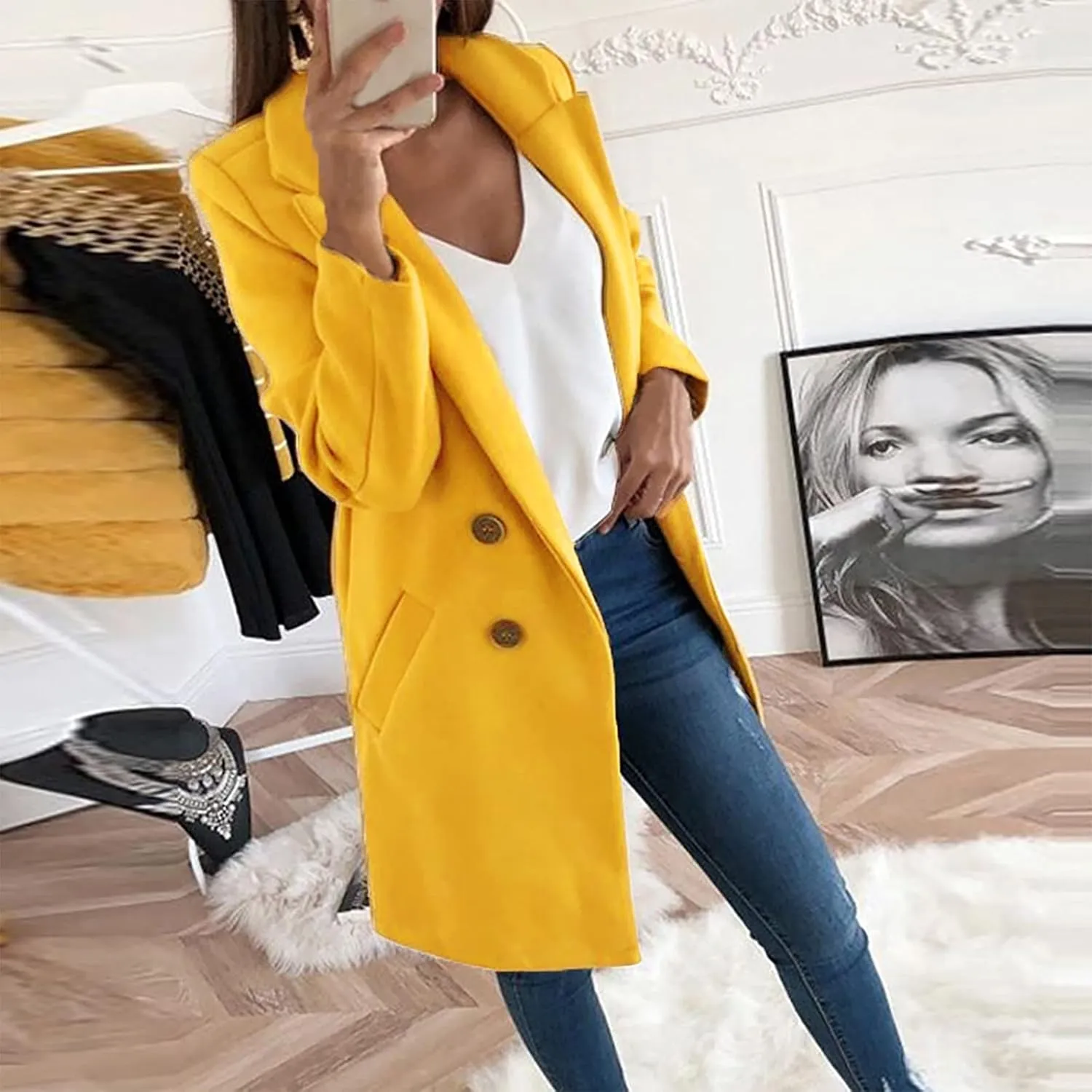 Womens Long Blazers Wool Blend Double Breasted Jackets Fall Winter Basic Warm Outwear Casual Work Office Lapel Coats