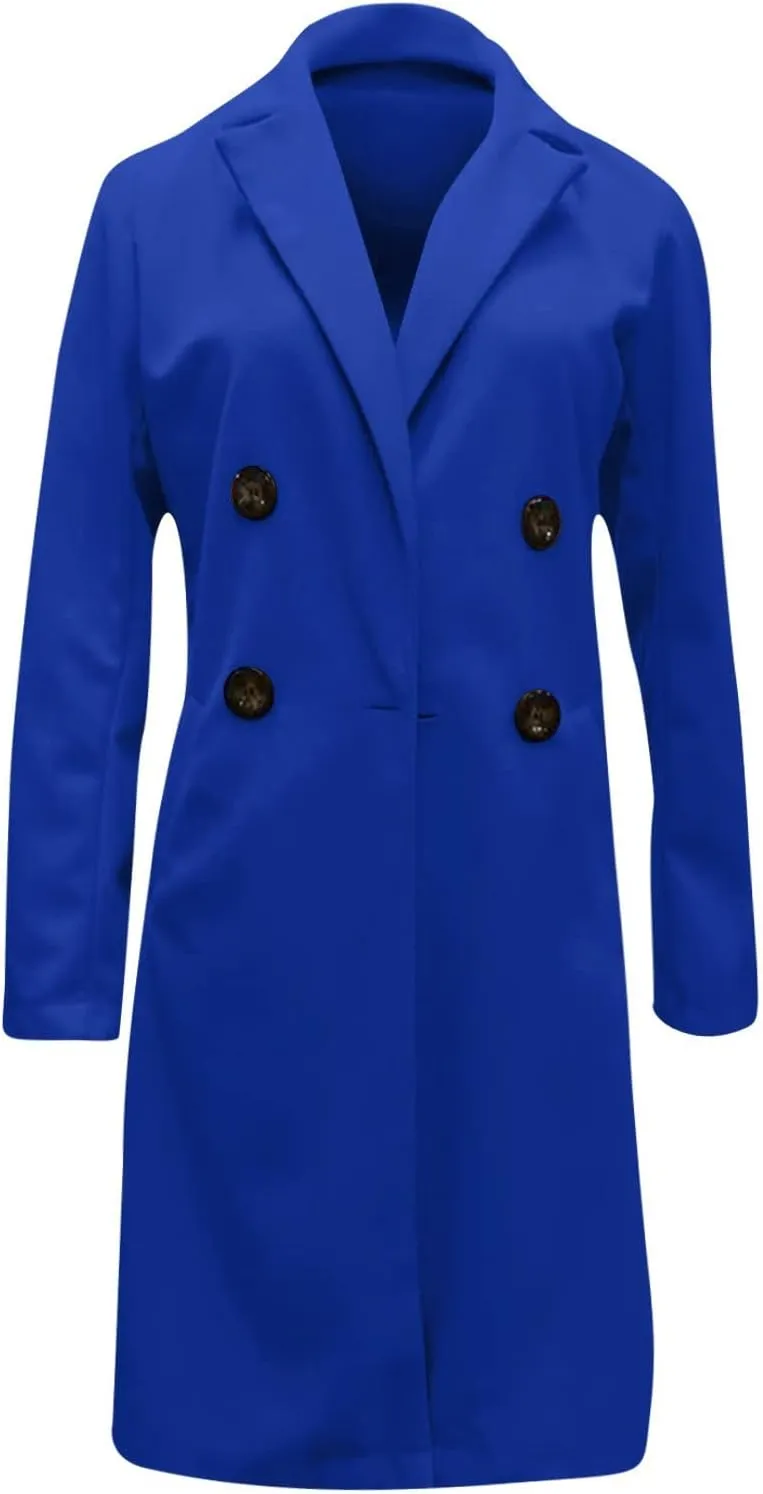 Womens Long Blazers Wool Blend Double Breasted Jackets Fall Winter Basic Warm Outwear Casual Work Office Lapel Coats