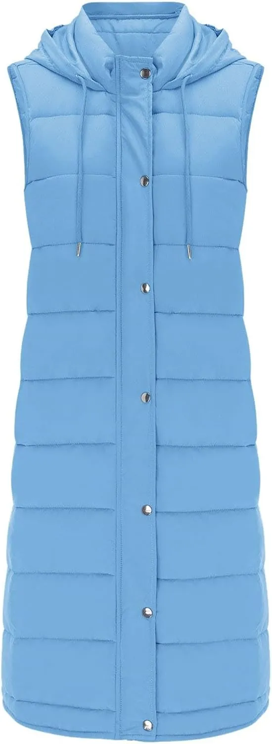 Womens Long Winter Coat Vest With Hood Sleeveless Warm Down Loose Coat With Pockets Quilted Petite Winter Jackets