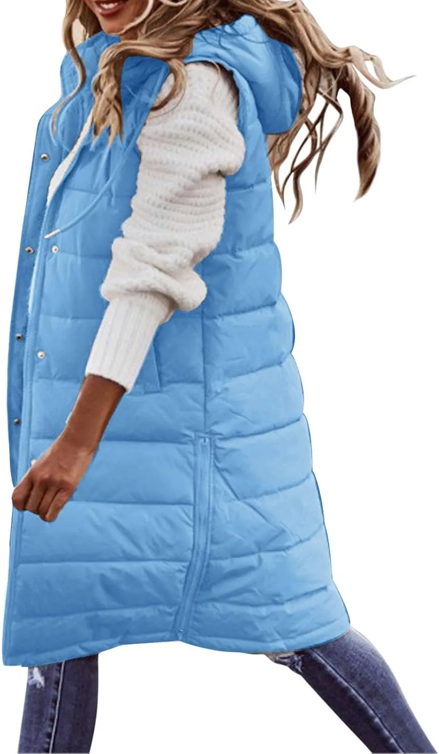 Womens Long Winter Coat Vest With Hood Sleeveless Warm Down Loose Coat With Pockets Quilted Petite Winter Jackets