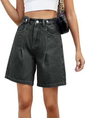 Women's Loose Denim Shorts Retro America Style High Waisted Straight Adjustable Waist Shorts
