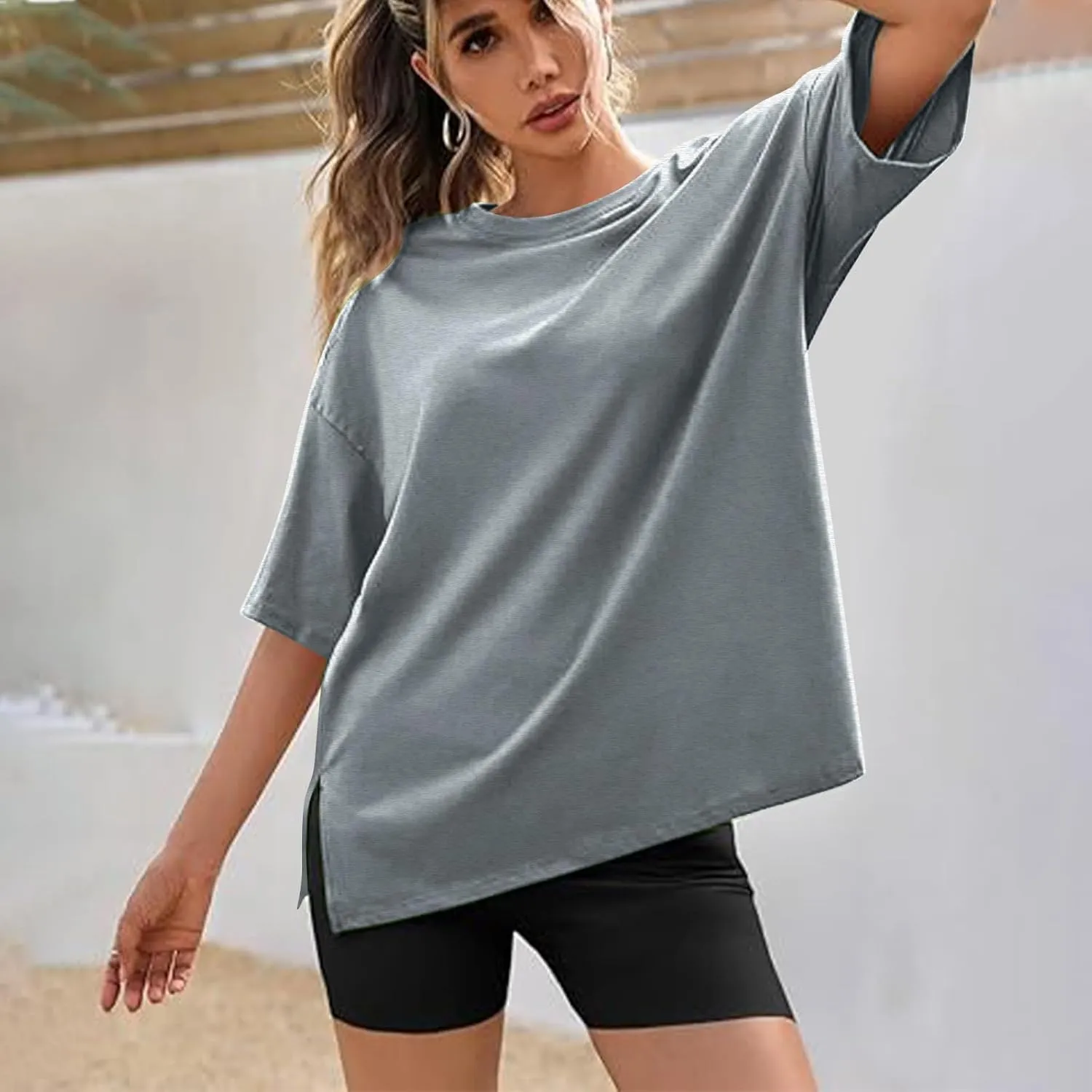 Women's Loose Fit Large Short Sleeve Solid Color Crewneck Slit Hem Tops Summer Fashion Casual Ventilate Daily Top