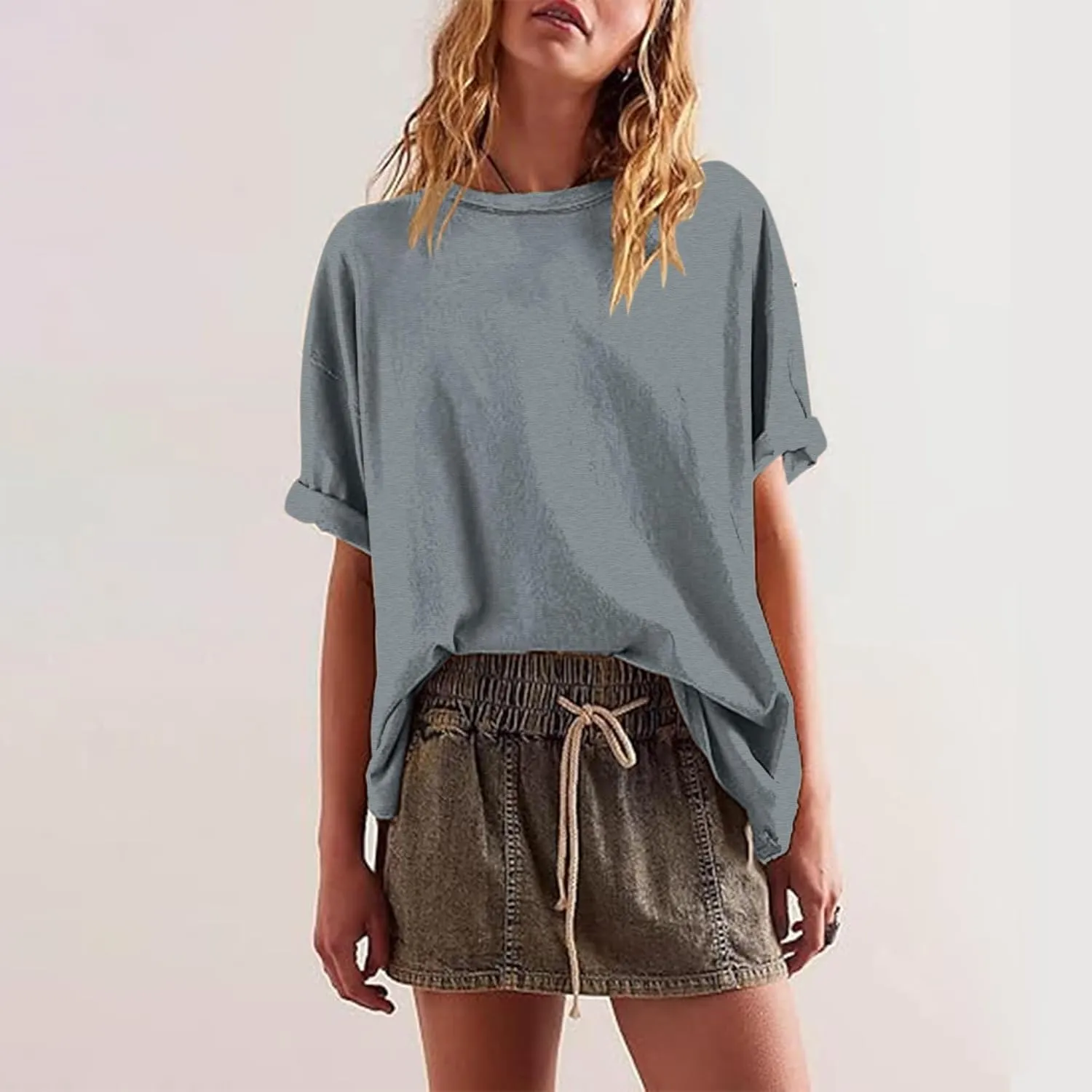 Women's Loose Fit Large Short Sleeve Solid Color Crewneck Slit Hem Tops Summer Fashion Casual Ventilate Daily Top