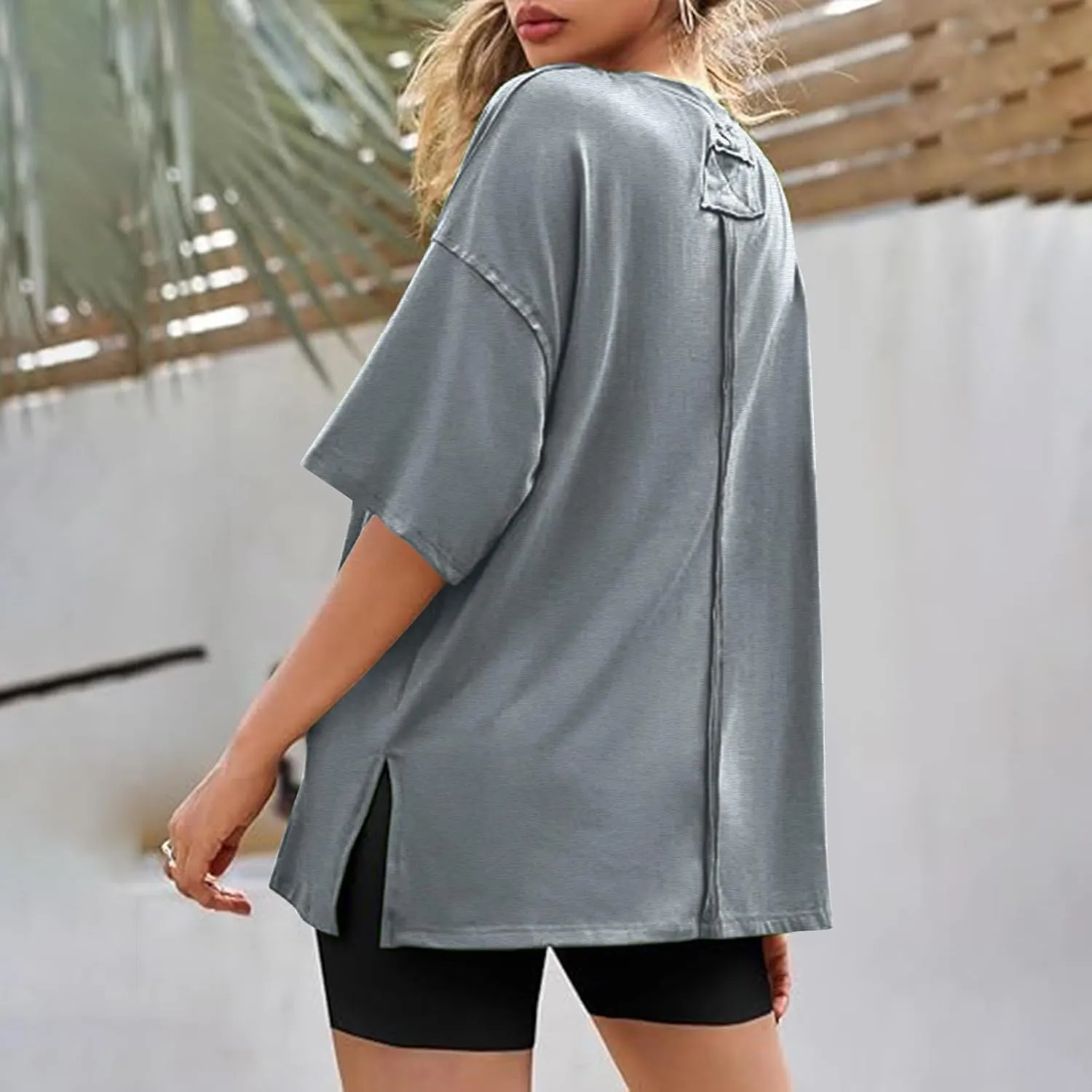 Women's Loose Fit Large Short Sleeve Solid Color Crewneck Slit Hem Tops Summer Fashion Casual Ventilate Daily Top