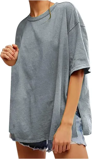 Women's Loose Fit Large Short Sleeve Solid Color Crewneck Slit Hem Tops Summer Fashion Casual Ventilate Daily Top