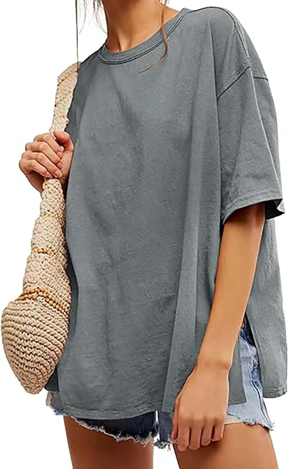 Women's Loose Fit Large Short Sleeve Solid Color Crewneck Slit Hem Tops Summer Fashion Casual Ventilate Daily Top
