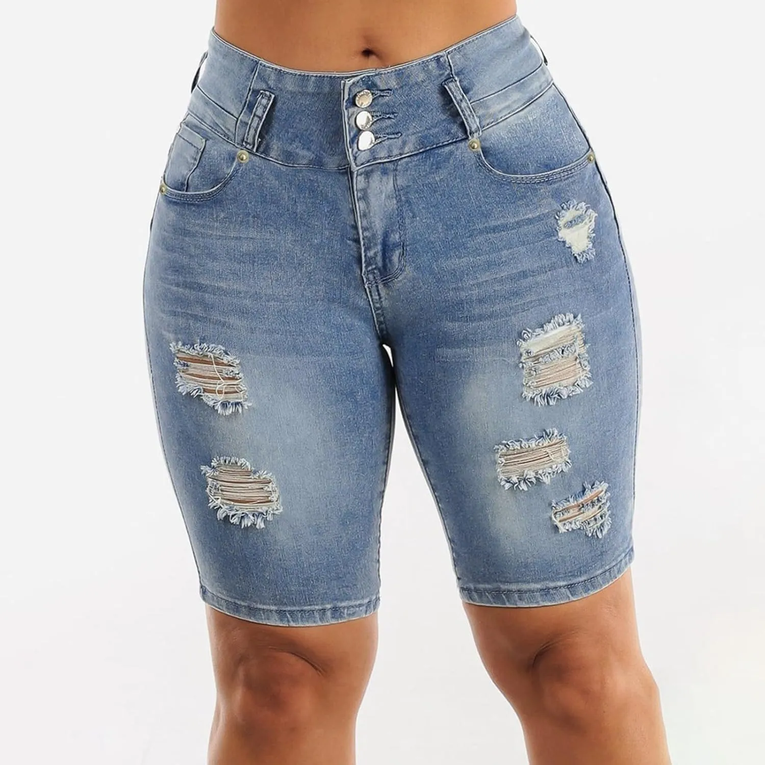 Women's Mid-Rise Denim Shorts,High-Waisted Stretch Fashion Hole Bottom Denim Pants,Comfortable Summer