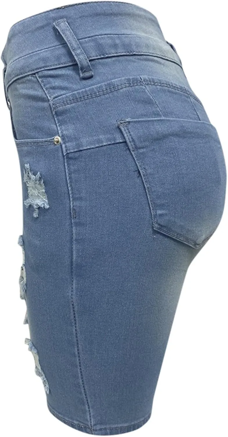 Women's Mid-Rise Denim Shorts,High-Waisted Stretch Fashion Hole Bottom Denim Pants,Comfortable Summer