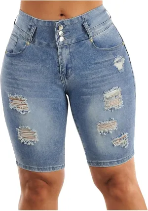 Women's Mid-Rise Denim Shorts,High-Waisted Stretch Fashion Hole Bottom Denim Pants,Comfortable Summer