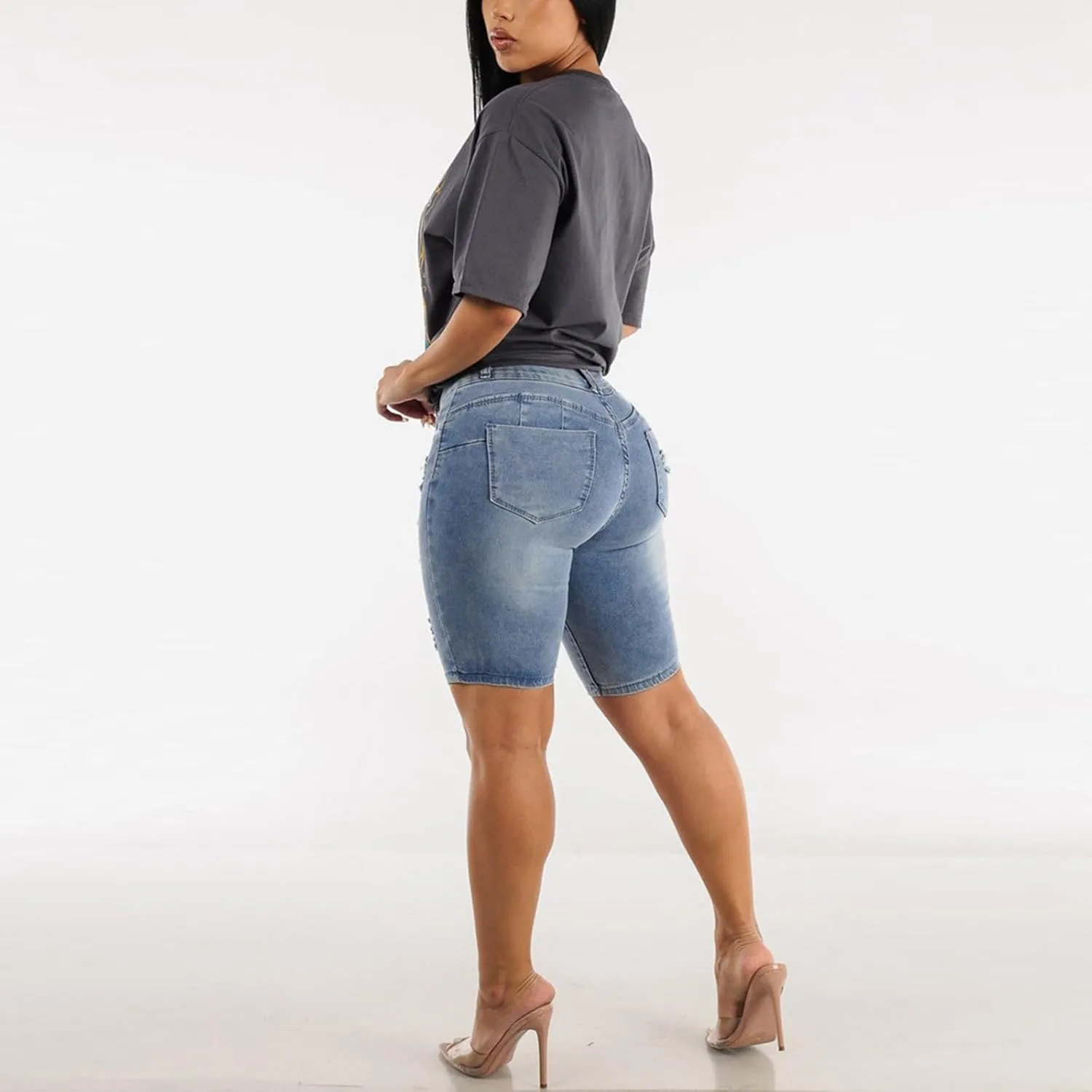 Women's Mid-Rise Denim Shorts,High-Waisted Stretch Fashion Hole Bottom Denim Pants,Comfortable Summer