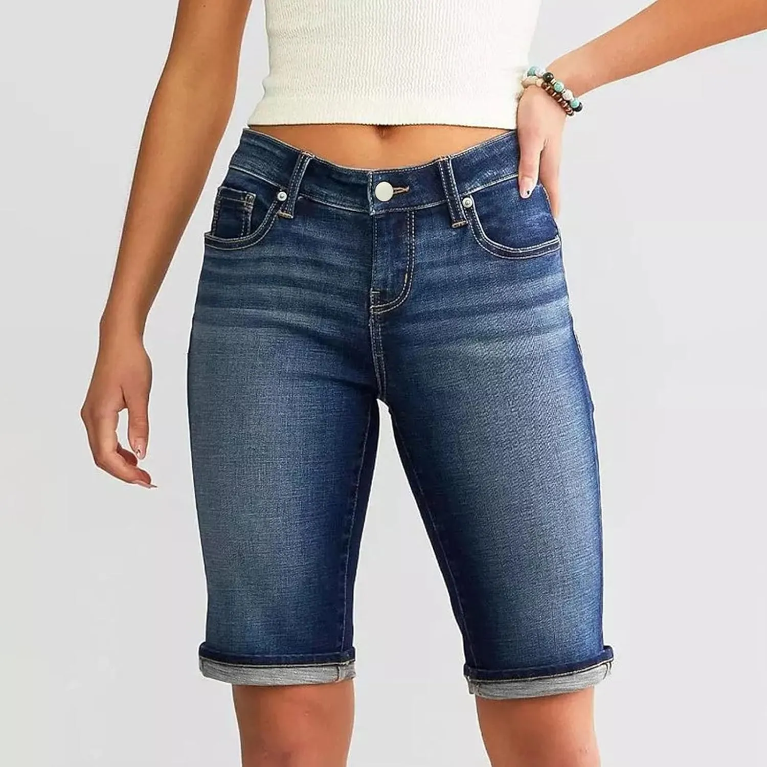 Women's Mid-Rise Denim Shorts,High-Waisted Stretch Fashion Hole Bottom Denim Pants,Comfortable Summer
