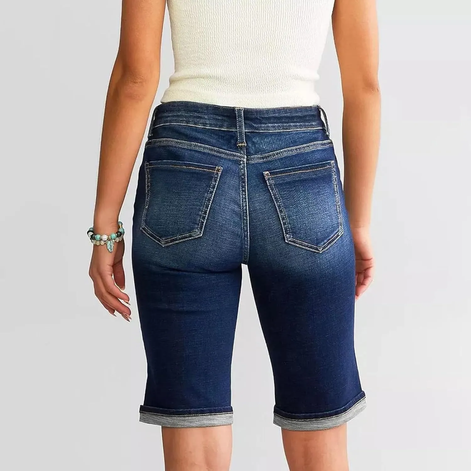 Women's Mid-Rise Denim Shorts,High-Waisted Stretch Fashion Hole Bottom Denim Pants,Comfortable Summer