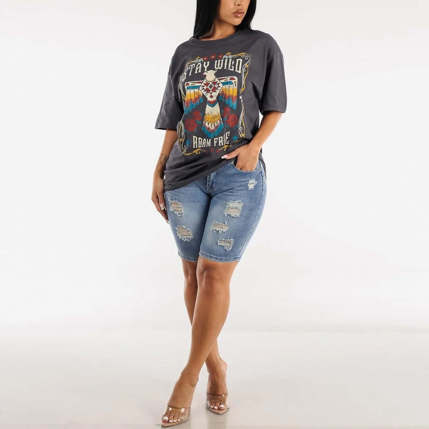Women's Mid-Rise Denim Shorts,High-Waisted Stretch Fashion Hole Bottom Denim Pants,Comfortable Summer