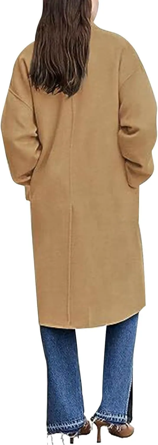 Women's Oversized Notched Lapel Collar Double Breasted Pea Coat Winter Wool Blend Over Coats Elegant Long Jackets
