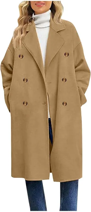 Women's Oversized Notched Lapel Collar Double Breasted Pea Coat Winter Wool Blend Over Coats Elegant Long Jackets