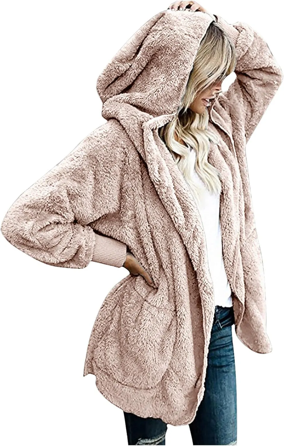 Womens Oversized Sherpa Jacket with Pockets Open Front Fleece Hoodie Winter Thermal Cardigan Coat Outerwear S-5XL