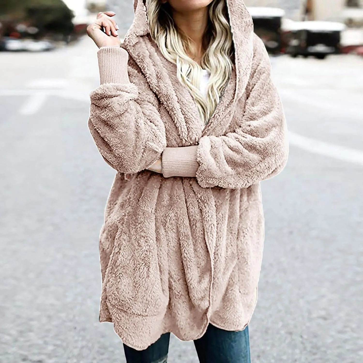Womens Oversized Sherpa Jacket with Pockets Open Front Fleece Hoodie Winter Thermal Cardigan Coat Outerwear S-5XL