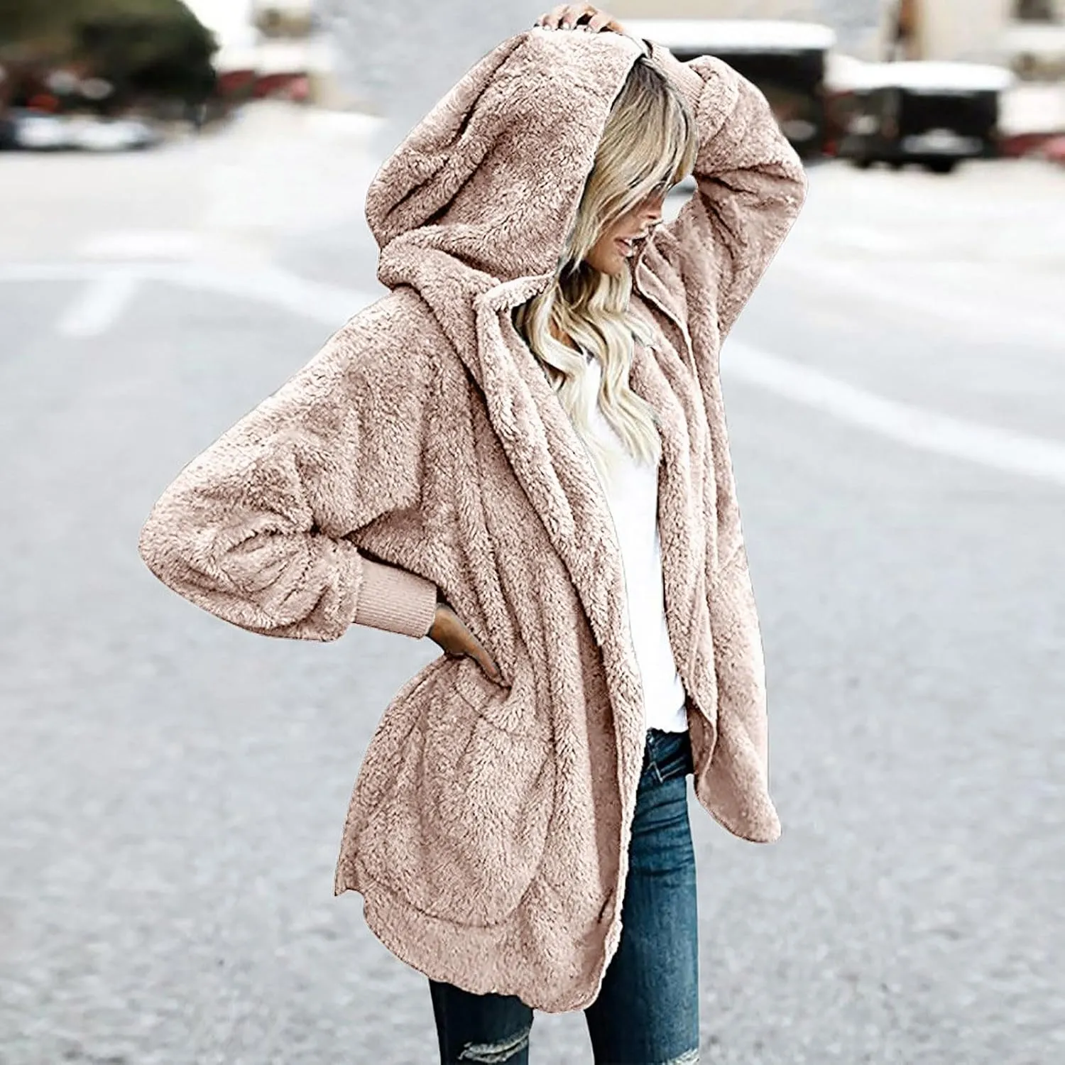 Womens Oversized Sherpa Jacket with Pockets Open Front Fleece Hoodie Winter Thermal Cardigan Coat Outerwear S-5XL