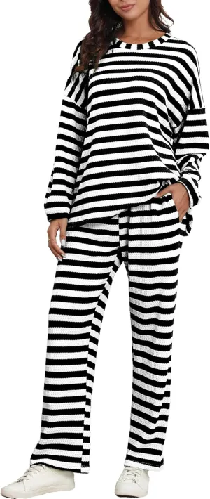 Women's Pajama Sets Striped Waffle Knit Lounge Set Long Sleeve Pullover and Casual Pants Outfits Pjs 2 Piece
