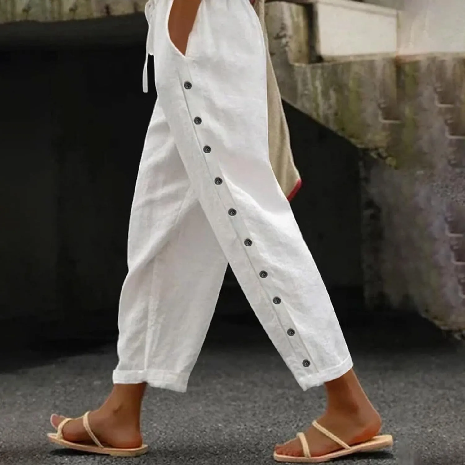 Womens Pants, Linen Peasant Pants Casual Straight Leg Trendy Elastic Waist Drawstring