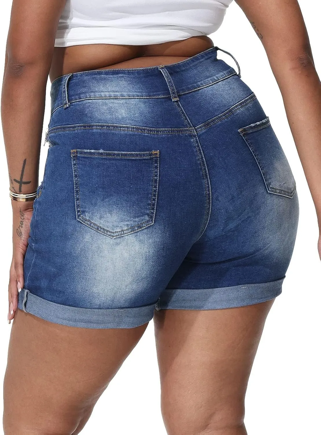Womens Plus Size Jean Shorts Stretchy High Waisted Distressed Fold Hem Denim Shorts