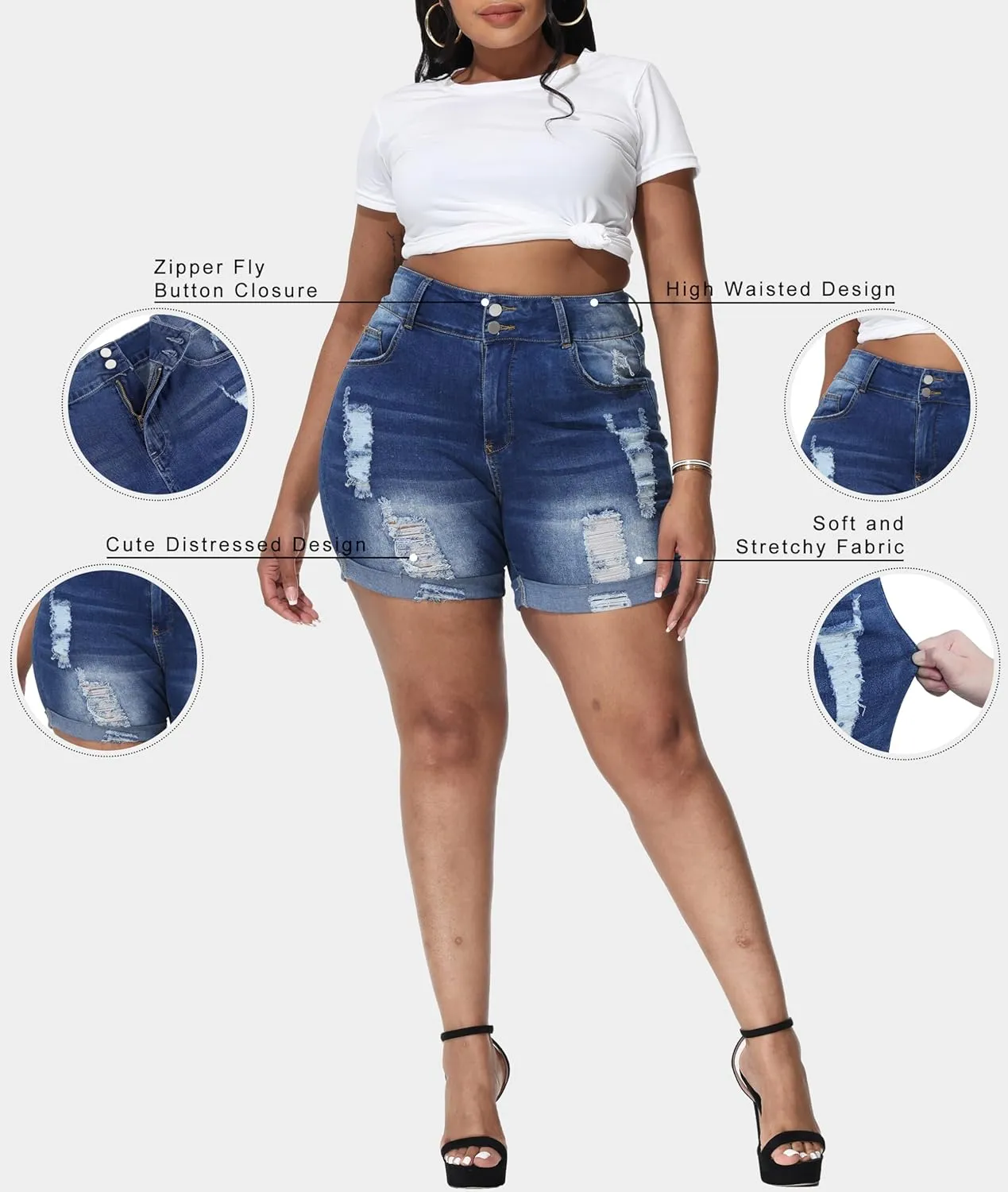 Womens Plus Size Jean Shorts Stretchy High Waisted Distressed Fold Hem Denim Shorts