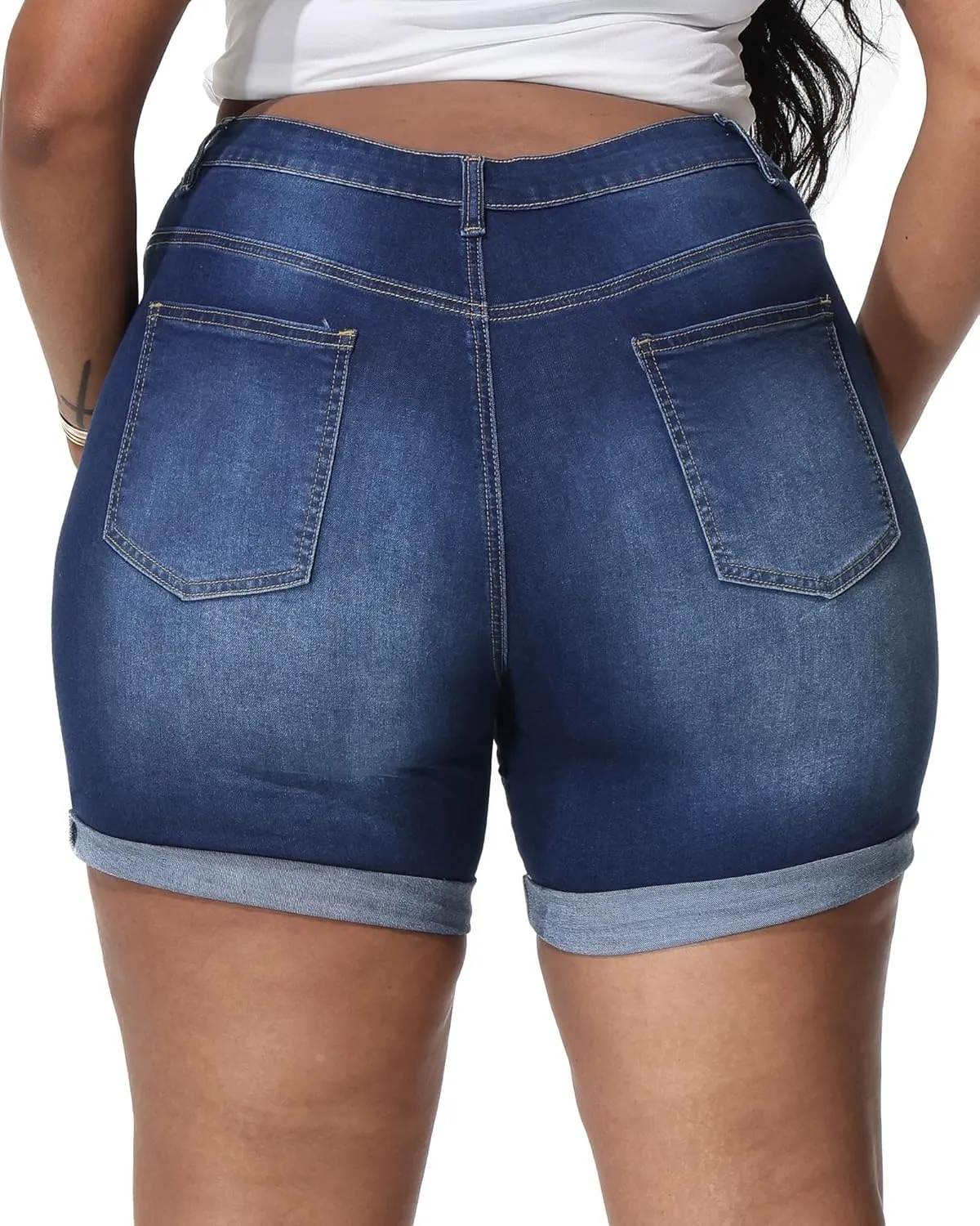 Womens Plus Size Jean Shorts Stretchy High Waisted Distressed Fold Hem Denim Shorts
