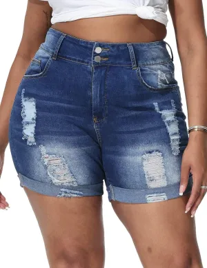 Womens Plus Size Jean Shorts Stretchy High Waisted Distressed Fold Hem Denim Shorts