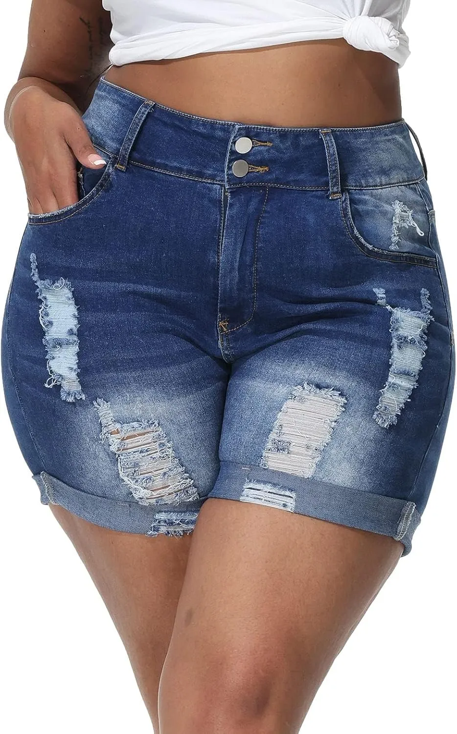 Womens Plus Size Jean Shorts Stretchy High Waisted Distressed Fold Hem Denim Shorts