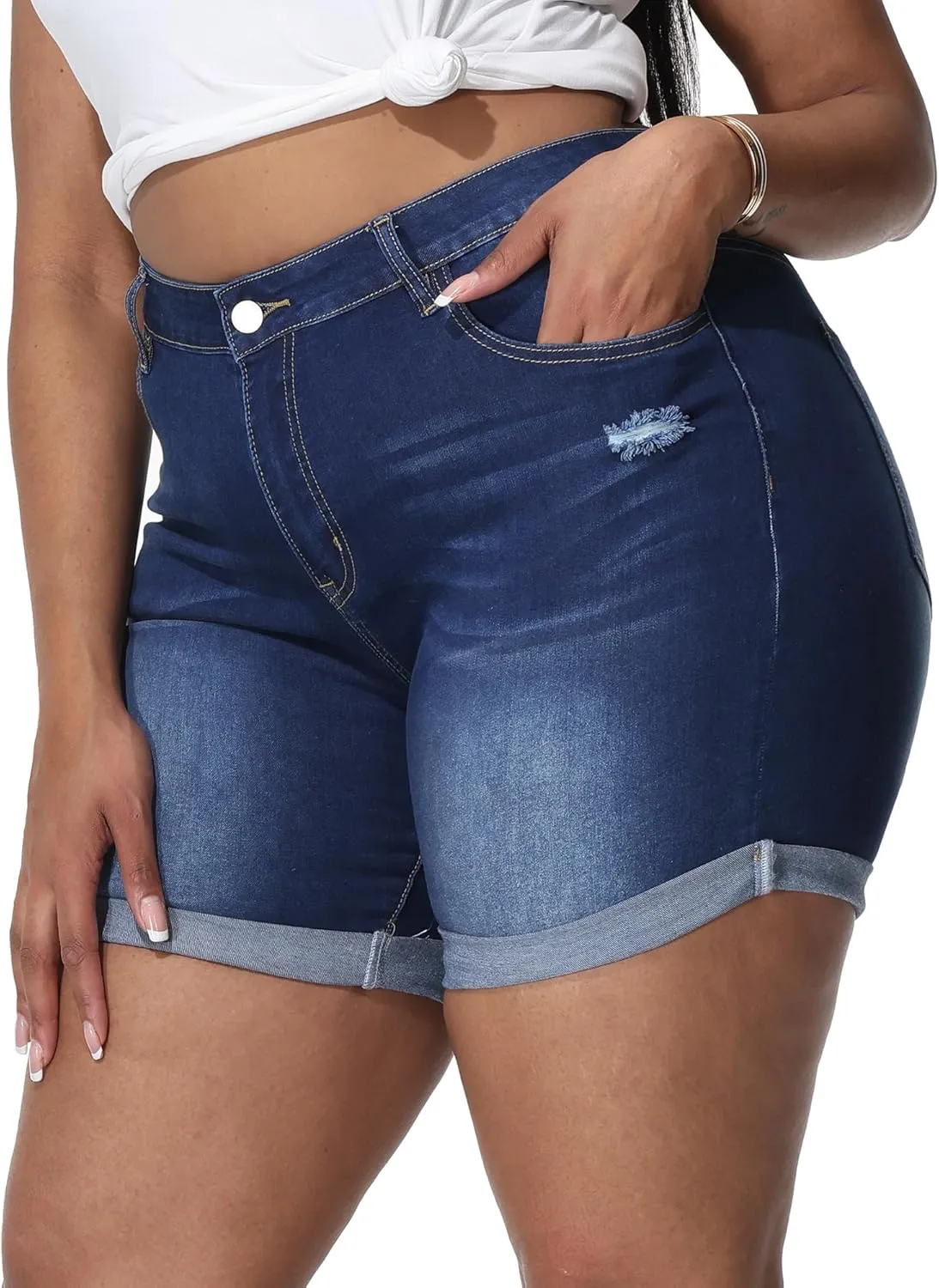 Womens Plus Size Jean Shorts Stretchy High Waisted Distressed Fold Hem Denim Shorts