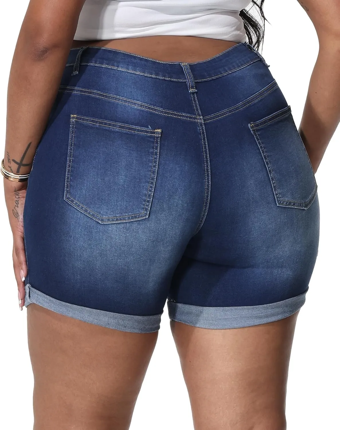 Womens Plus Size Jean Shorts Stretchy High Waisted Distressed Fold Hem Denim Shorts