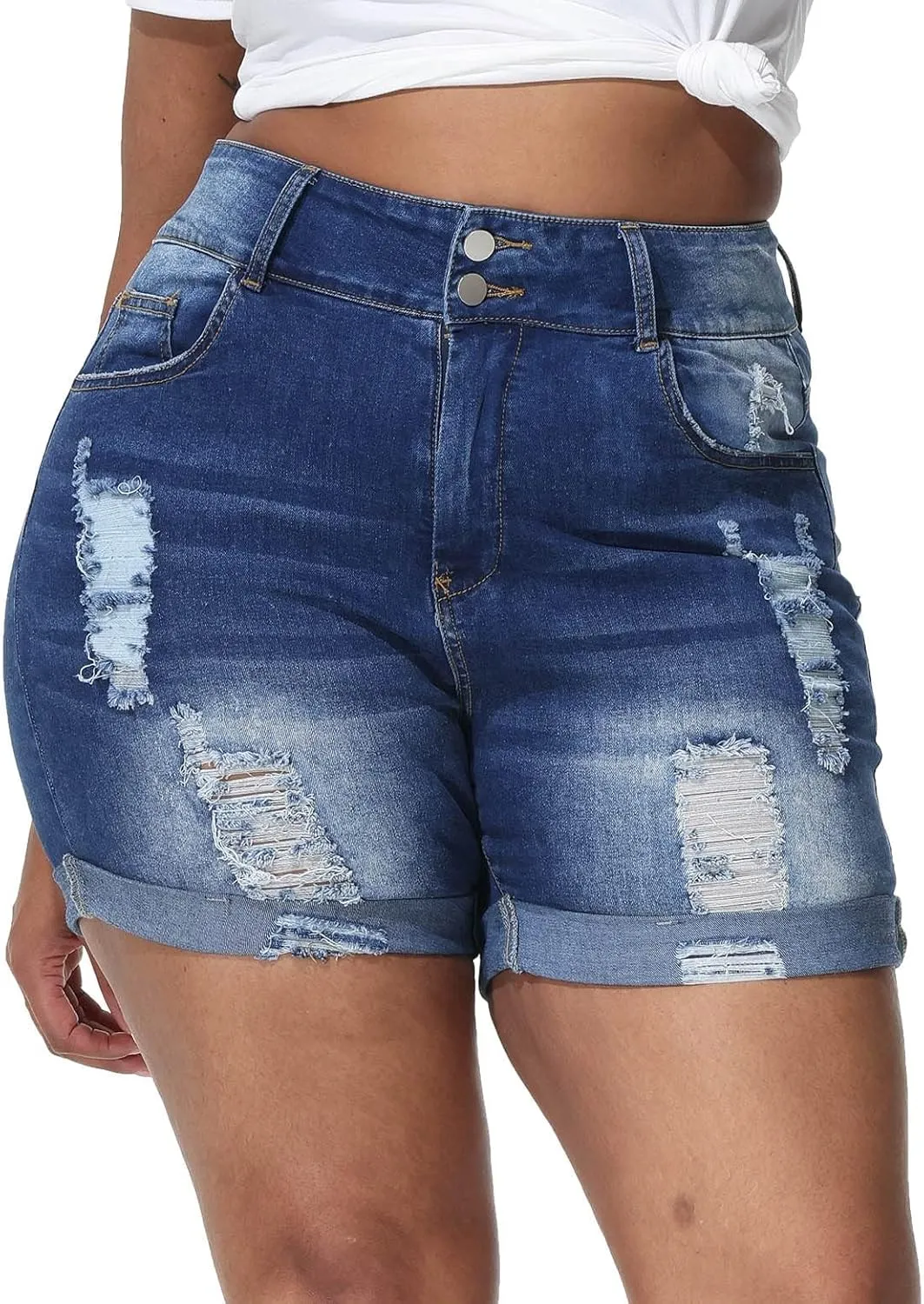 Womens Plus Size Jean Shorts Stretchy High Waisted Distressed Fold Hem Denim Shorts