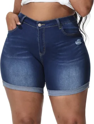 Womens Plus Size Jean Shorts Stretchy High Waisted Distressed Fold Hem Denim Shorts