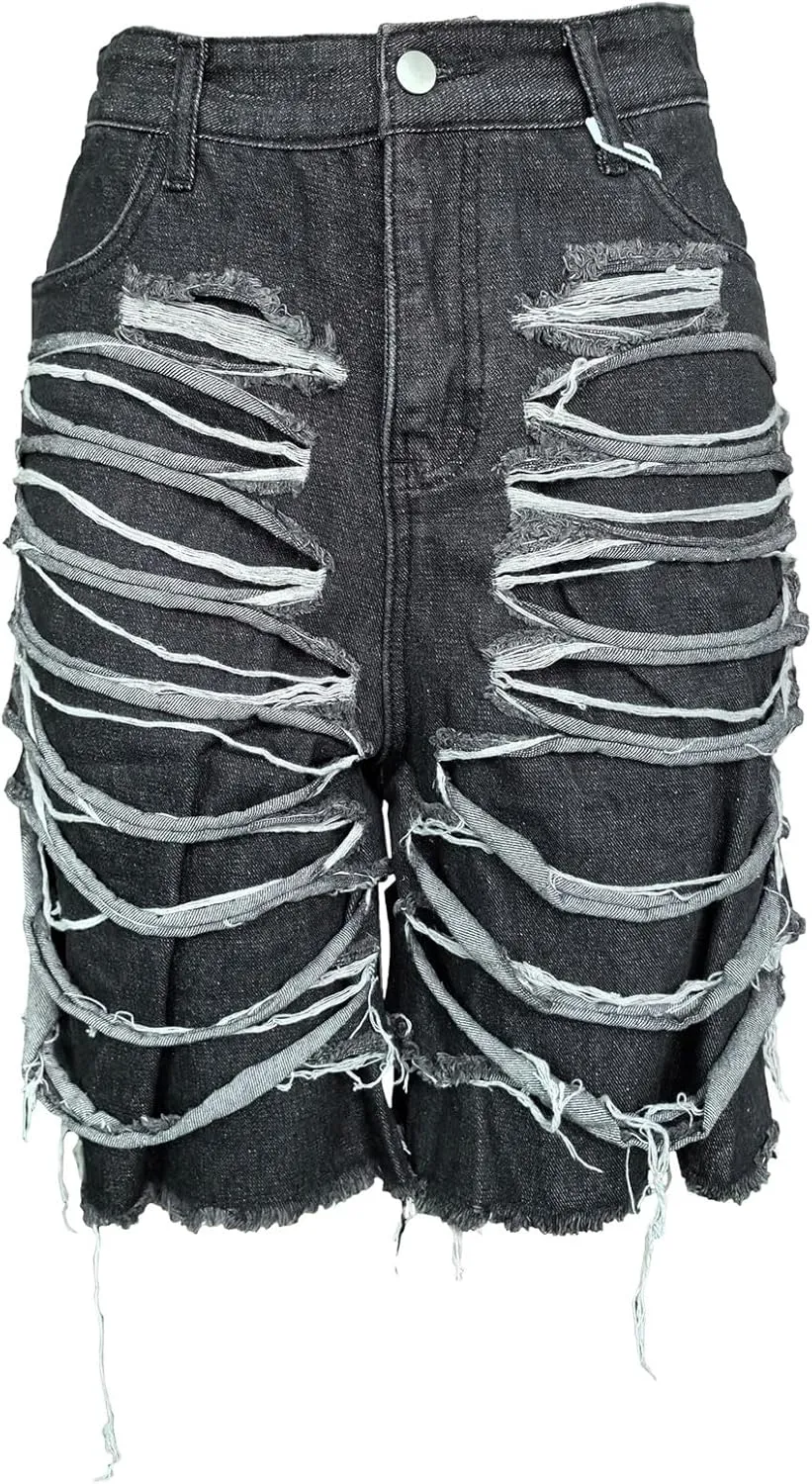 Womens Ripped Jean Shorts High Waisted Distressed Bermuda Cargo Denim Shorts with Pockets