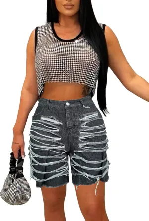 Womens Ripped Jean Shorts High Waisted Distressed Bermuda Cargo Denim Shorts with Pockets