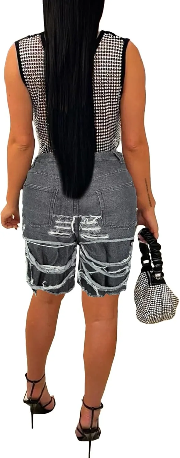 Womens Ripped Jean Shorts High Waisted Distressed Bermuda Cargo Denim Shorts with Pockets