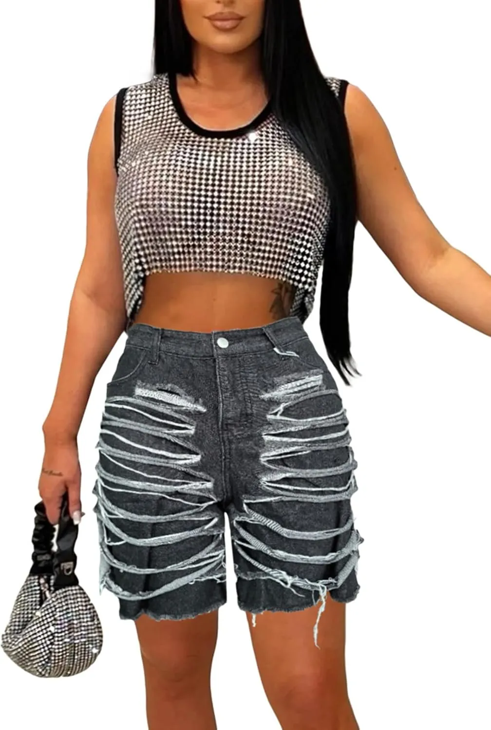Womens Ripped Jean Shorts High Waisted Distressed Bermuda Cargo Denim Shorts with Pockets