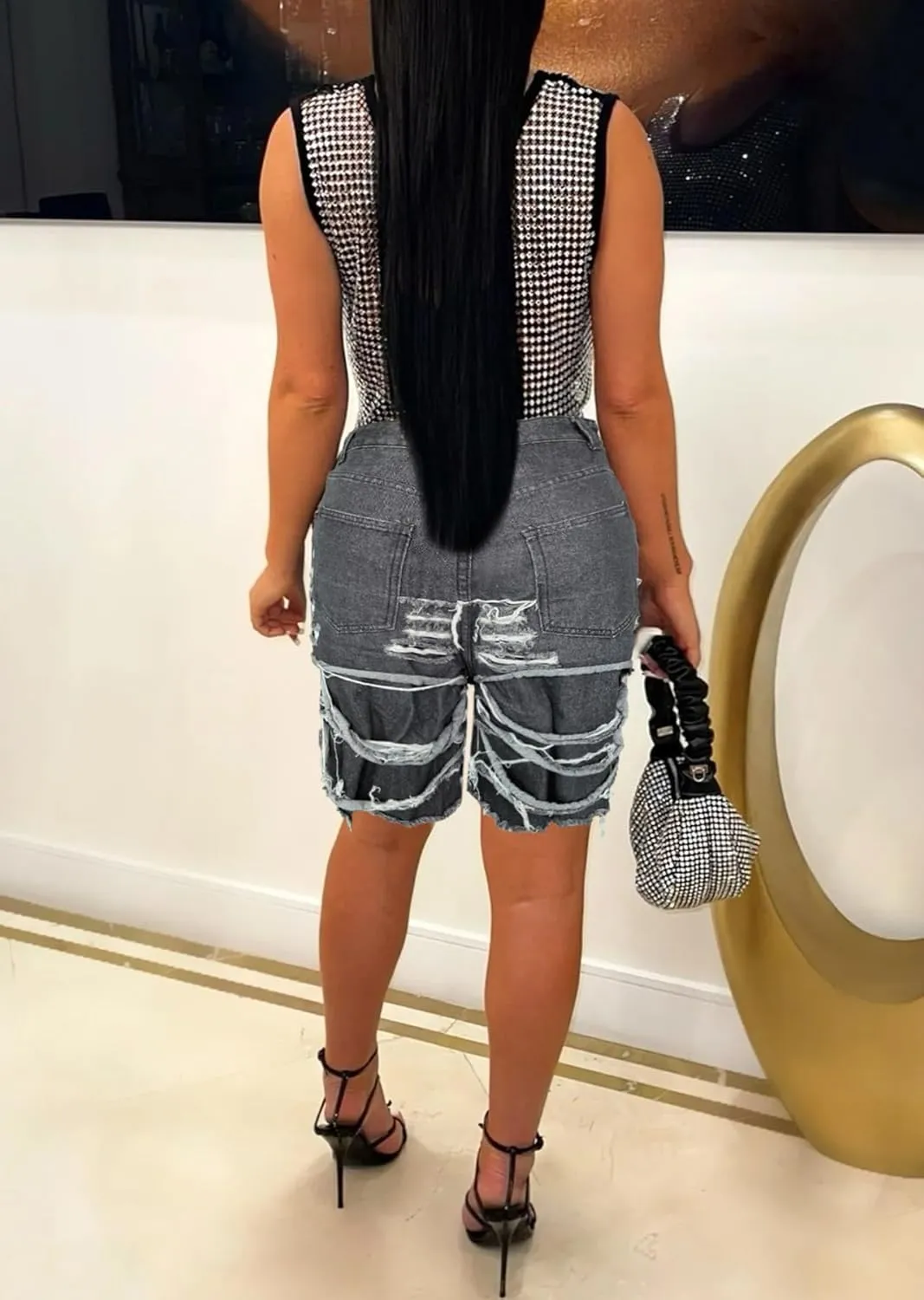 Womens Ripped Jean Shorts High Waisted Distressed Bermuda Cargo Denim Shorts with Pockets