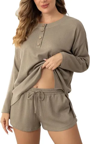 Womens Sexy Pajama Sets 2 Piece Waffle Knit Lounge Set Long Sleeve Top with Short Soft Comfy Loungewear Sleepwear Khaki