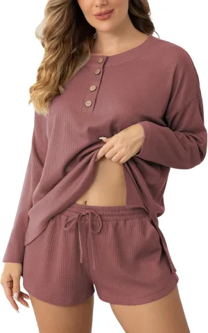 Womens Sexy Pajama Sets 2 Piece Waffle Knit Lounge Set Long Sleeve Top with Short Soft Comfy Loungewear Sleepwear Purplish Red