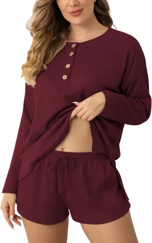 Womens Sexy Pajama Sets 2 Piece Waffle Knit Lounge Set Long Sleeve Top with Short Soft Comfy Loungewear Sleepwear Wine Red