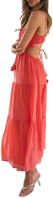 Women's Sexy Spaghetti Strap Hollow Out Maxi Dress Y2K Cutout Backless Slim Fit Long Dress Halter Night Party Dress Clubwear