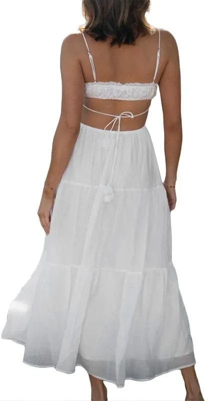 Women's Sexy Spaghetti Strap Hollow Out Maxi Dress Y2K Cutout Backless Slim Fit Long Dress Halter Night Party Dress Clubwear