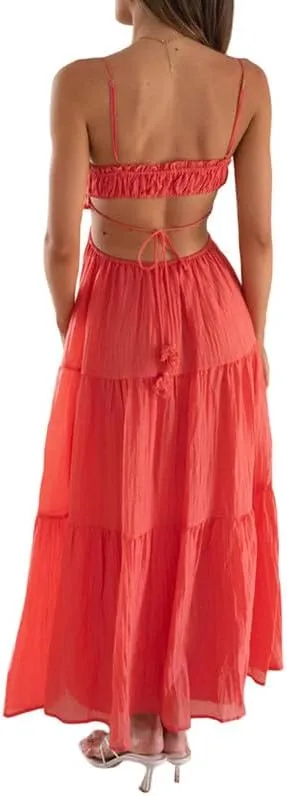 Women's Sexy Spaghetti Strap Hollow Out Maxi Dress Y2K Cutout Backless Slim Fit Long Dress Halter Night Party Dress Clubwear