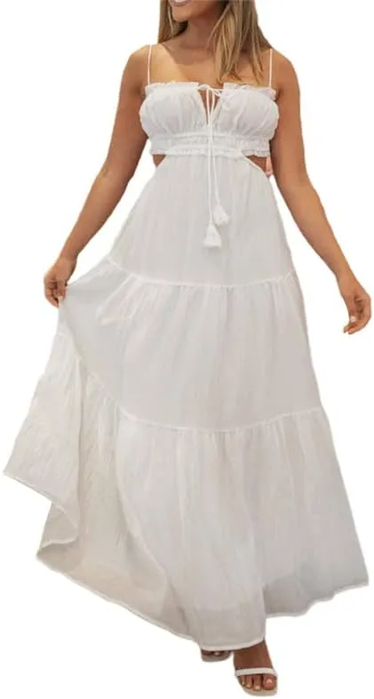 Women's Sexy Spaghetti Strap Hollow Out Maxi Dress Y2K Cutout Backless Slim Fit Long Dress Halter Night Party Dress Clubwear