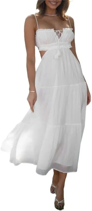 Women's Sexy Spaghetti Strap Hollow Out Maxi Dress Y2K Cutout Backless Slim Fit Long Dress Halter Night Party Dress Clubwear
