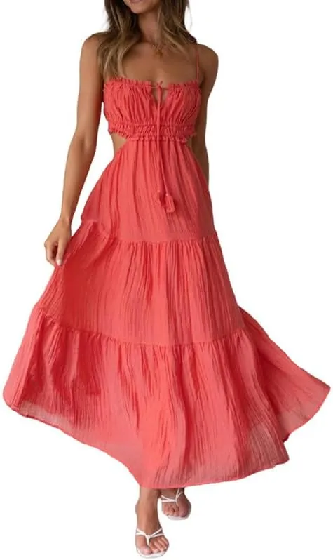 Women's Sexy Spaghetti Strap Hollow Out Maxi Dress Y2K Cutout Backless Slim Fit Long Dress Halter Night Party Dress Clubwear