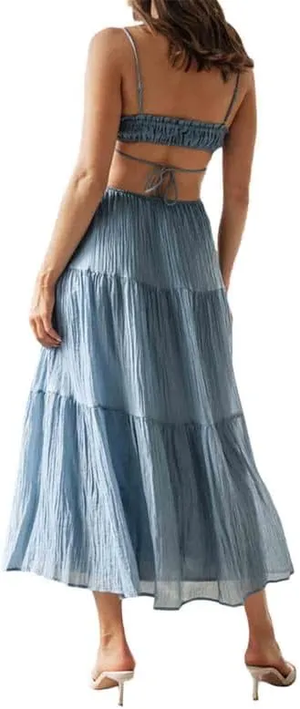 Women's Sexy Spaghetti Strap Hollow Out Maxi Dress Y2K Cutout Backless Slim Fit Long Dress Halter Night Party Dress Clubwear